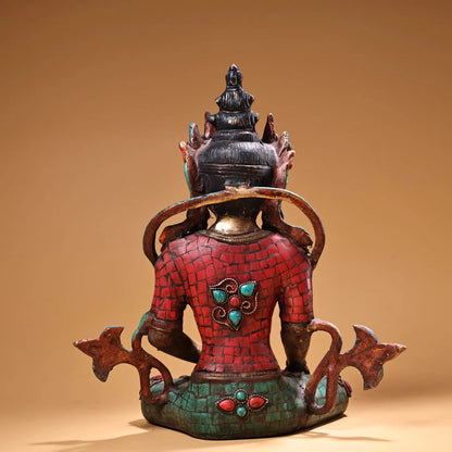 10"Tibet Temple Collection Old Bronze Painted Outline in gold Mosaic Gem Turquoise Shakyamuni Enlightenment Buddha Worship Hall
