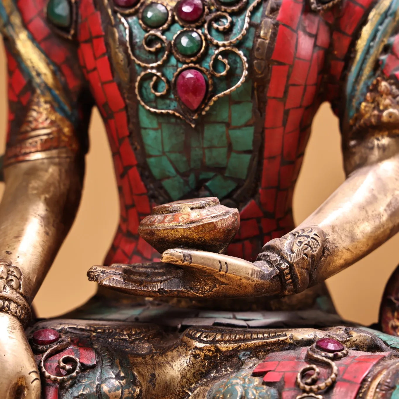 10"Tibet Temple Collection Old Bronze Painted Outline in gold Mosaic Gem Turquoise Shakyamuni Enlightenment Buddha Worship Hall