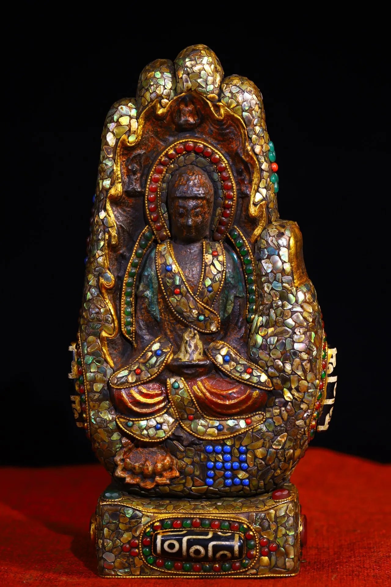 10"Tibet Temple Collection Old Natural Meteorite Mosaic Gem gZi Beads Shell Bergamot Shakyamuni Buddha Buddhist Niche Town house