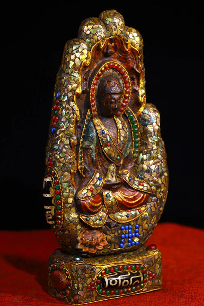 10"Tibet Temple Collection Old Natural Meteorite Mosaic Gem gZi Beads Shell Bergamot Shakyamuni Buddha Buddhist Niche Town house