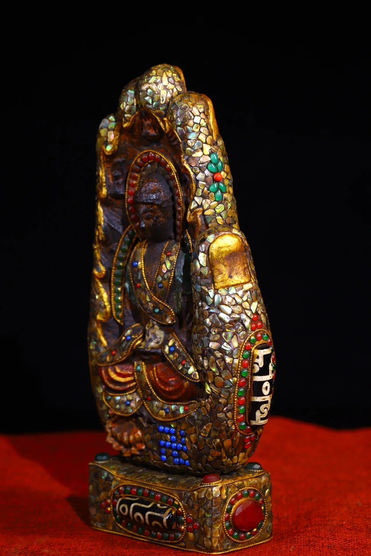 10"Tibet Temple Collection Old Natural Meteorite Mosaic Gem gZi Beads Shell Bergamot Shakyamuni Buddha Buddhist Niche Town house
