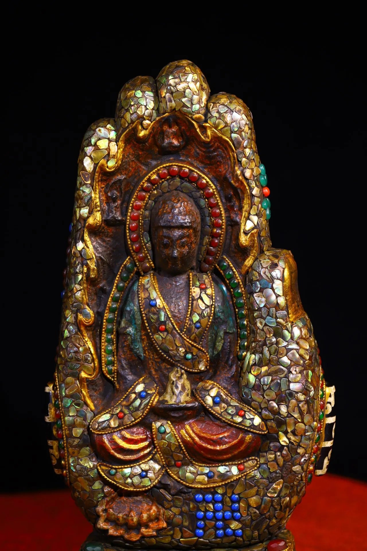 10"Tibet Temple Collection Old Natural Meteorite Mosaic Gem gZi Beads Shell Bergamot Shakyamuni Buddha Buddhist Niche Town house
