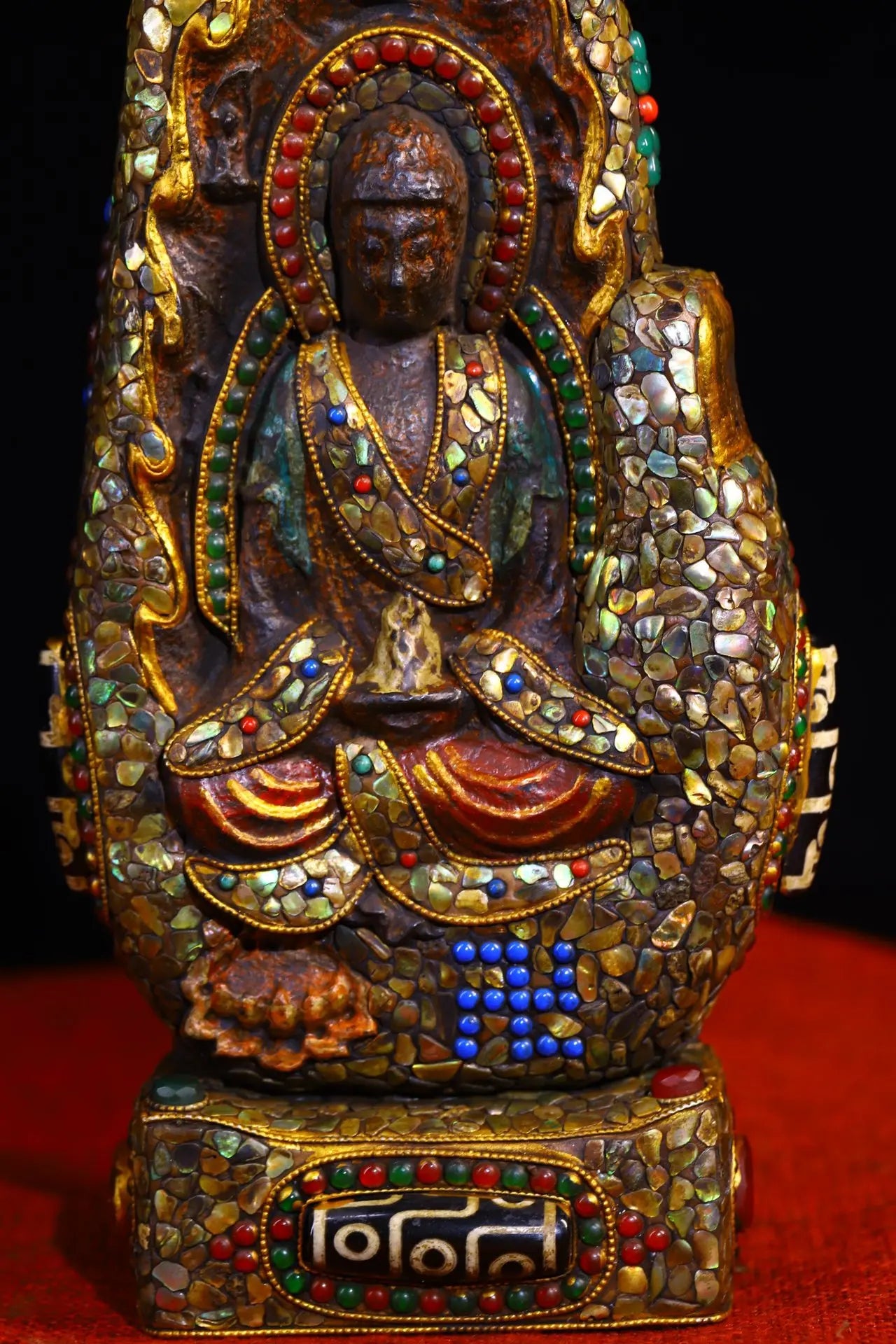 10"Tibet Temple Collection Old Natural Meteorite Mosaic Gem gZi Beads Shell Bergamot Shakyamuni Buddha Buddhist Niche Town house