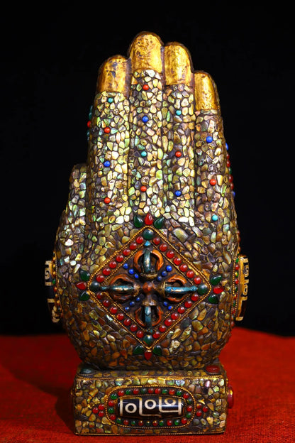 10"Tibet Temple Collection Old Natural Meteorite Mosaic Gem gZi Beads Shell Bergamot Shakyamuni Buddha Buddhist Niche Town house
