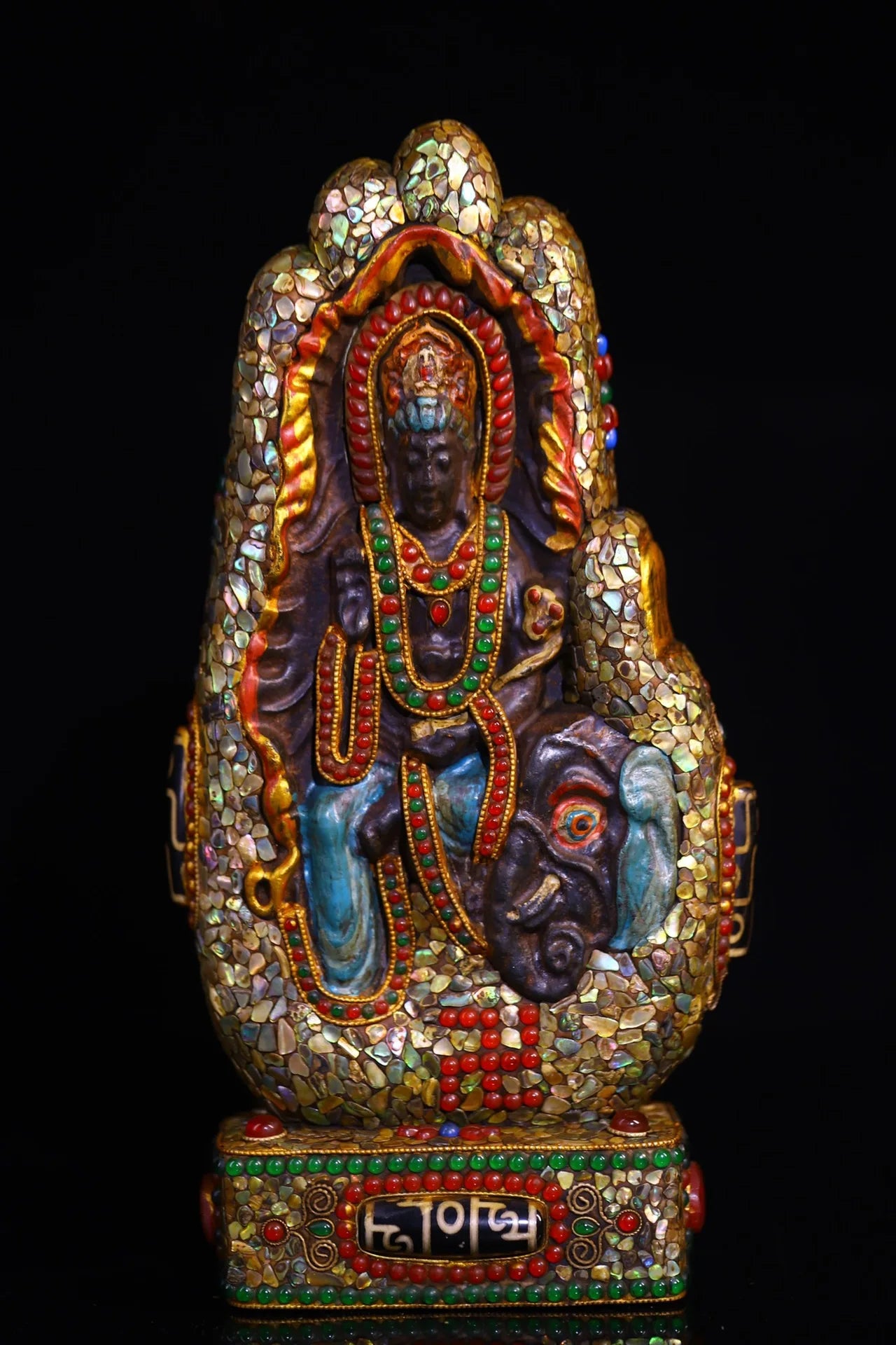10”Tibet Temple Collection Old Natural Meteorites Painted Mosaic Gem gZi Beads Shell Samantabhadra Bodhisattva Buddhist Niche