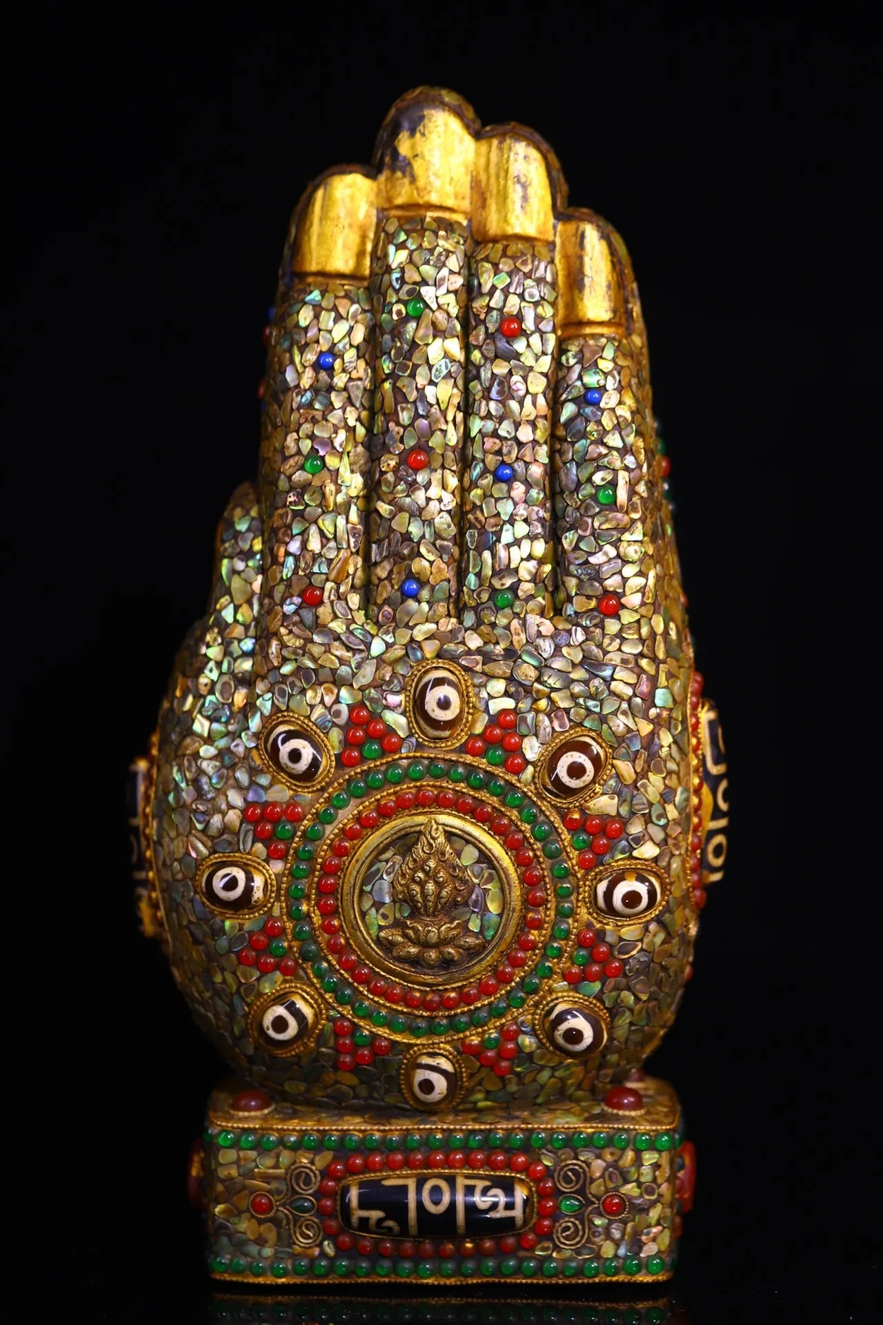 10”Tibet Temple Collection Old Natural Meteorites Painted Mosaic Gem gZi Beads Shell Samantabhadra Bodhisattva Buddhist Niche