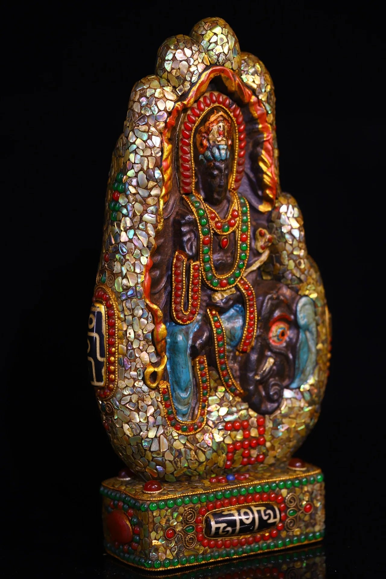 10”Tibet Temple Collection Old Natural Meteorites Painted Mosaic Gem gZi Beads Shell Samantabhadra Bodhisattva Buddhist Niche