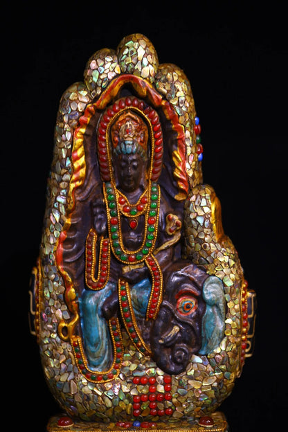 10”Tibet Temple Collection Old Natural Meteorites Painted Mosaic Gem gZi Beads Shell Samantabhadra Bodhisattva Buddhist Niche