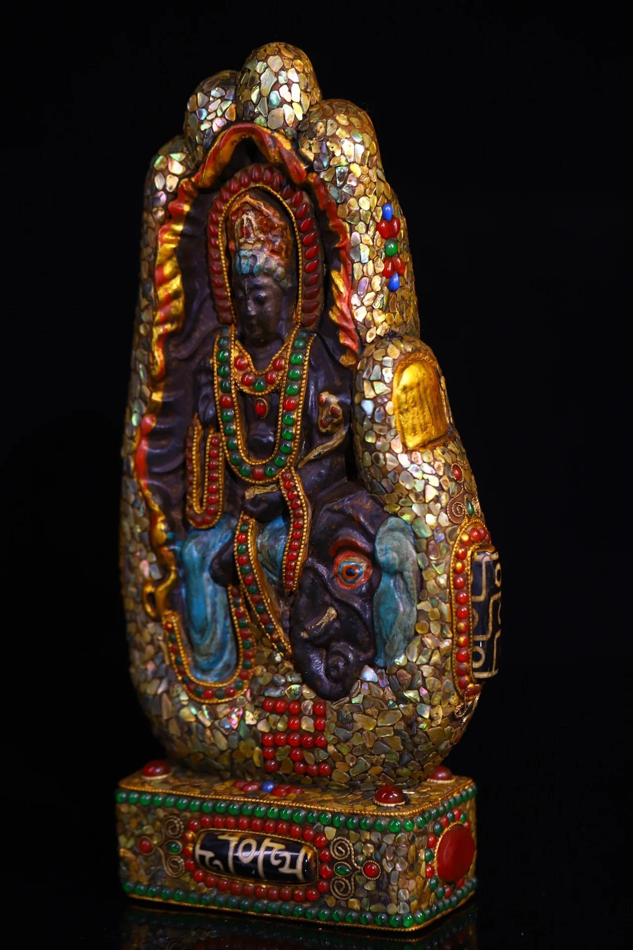 10”Tibet Temple Collection Old Natural Meteorites Painted Mosaic Gem gZi Beads Shell Samantabhadra Bodhisattva Buddhist Niche