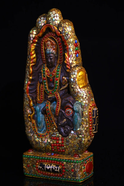 10”Tibet Temple Collection Old Natural Meteorites Painted Mosaic Gem gZi Beads Shell Samantabhadra Bodhisattva Buddhist Niche
