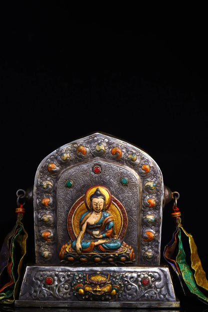 10"Tibet Temple Collection Old Tiantie Cinnabar Mosaic Gem Painted Sakyamuni Buddha Gawu Box Buddhist Niche Worship Hall