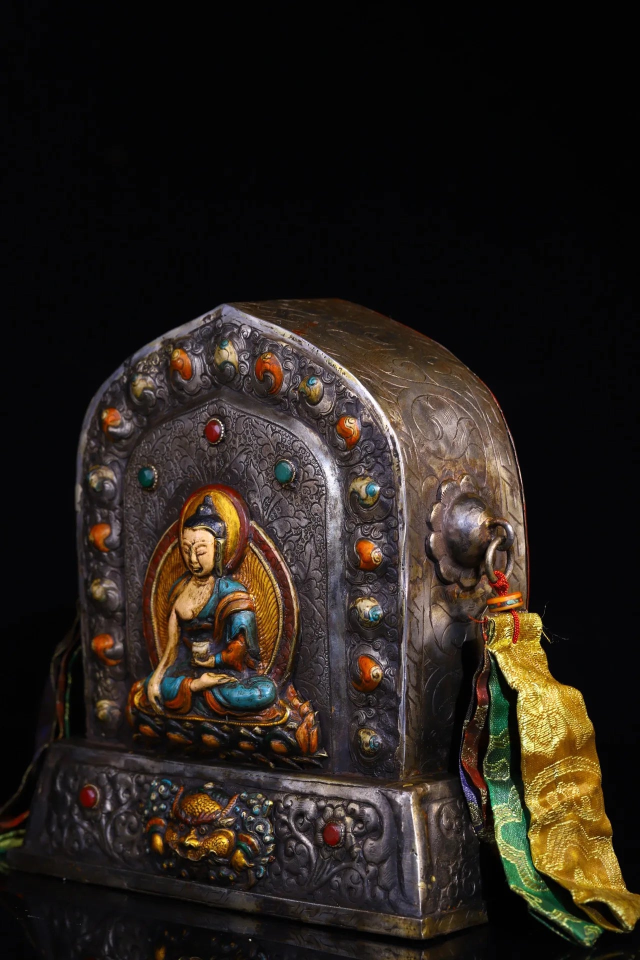 10"Tibet Temple Collection Old Tiantie Cinnabar Mosaic Gem Painted Sakyamuni Buddha Gawu Box Buddhist Niche Worship Hall