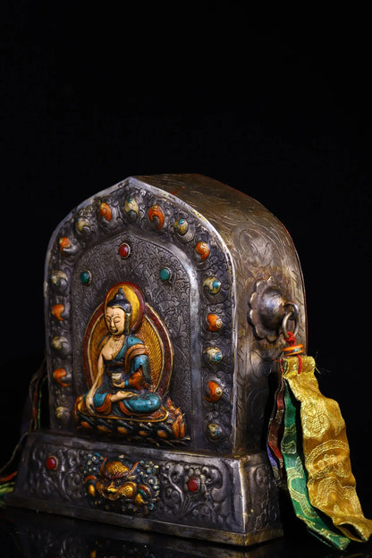 10"Tibet Temple Collection Old Tiantie Cinnabar Mosaic Gem Painted Sakyamuni Buddha Gawu Box Buddhist Niche Worship Hall