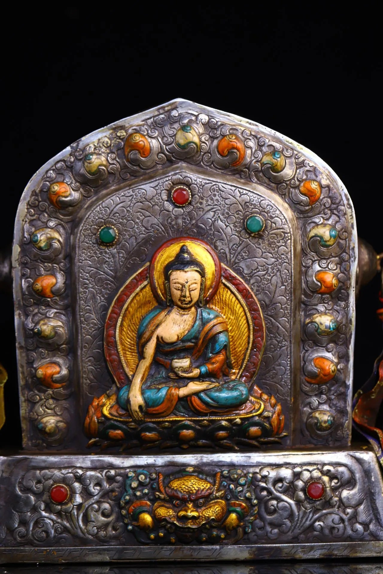 10"Tibet Temple Collection Old Tiantie Cinnabar Mosaic Gem Painted Sakyamuni Buddha Gawu Box Buddhist Niche Worship Hall