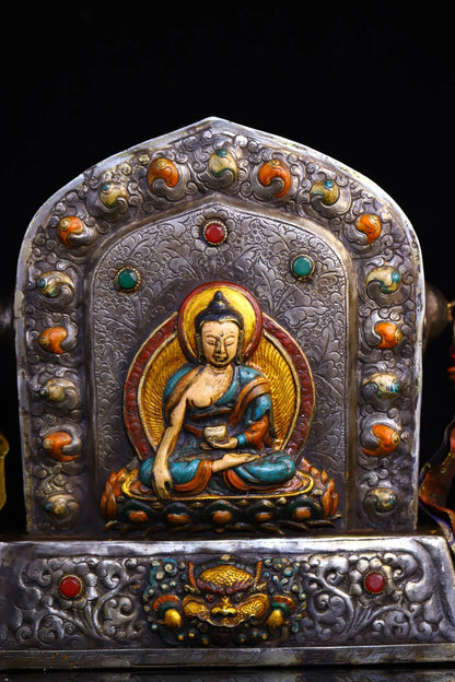 10"Tibet Temple Collection Old Tiantie Cinnabar Mosaic Gem Painted Sakyamuni Buddha Gawu Box Buddhist Niche Worship Hall