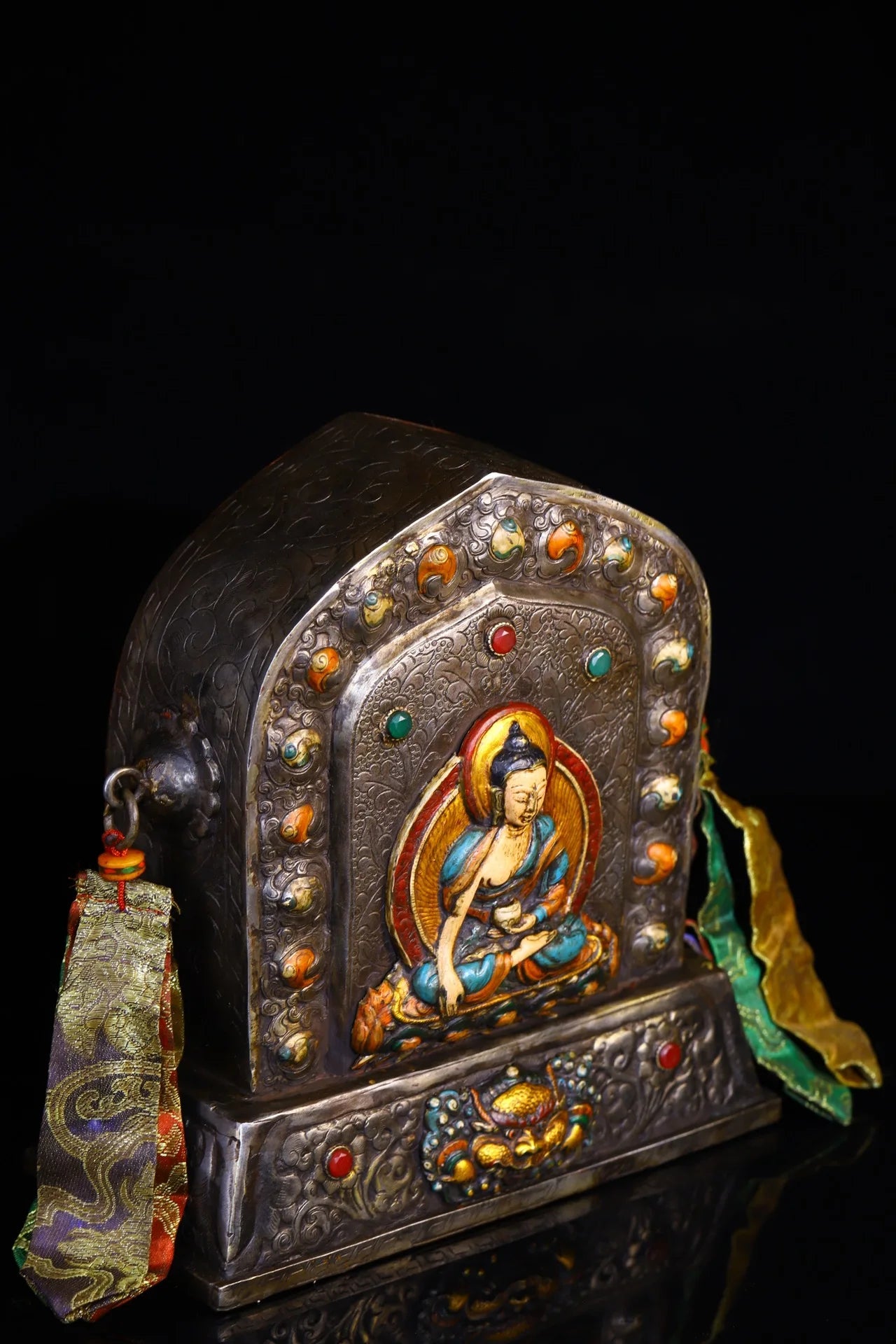 10"Tibet Temple Collection Old Tiantie Cinnabar Mosaic Gem Painted Sakyamuni Buddha Gawu Box Buddhist Niche Worship Hall
