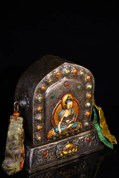 10"Tibet Temple Collection Old Tiantie Cinnabar Mosaic Gem Painted Sakyamuni Buddha Gawu Box Buddhist Niche Worship Hall