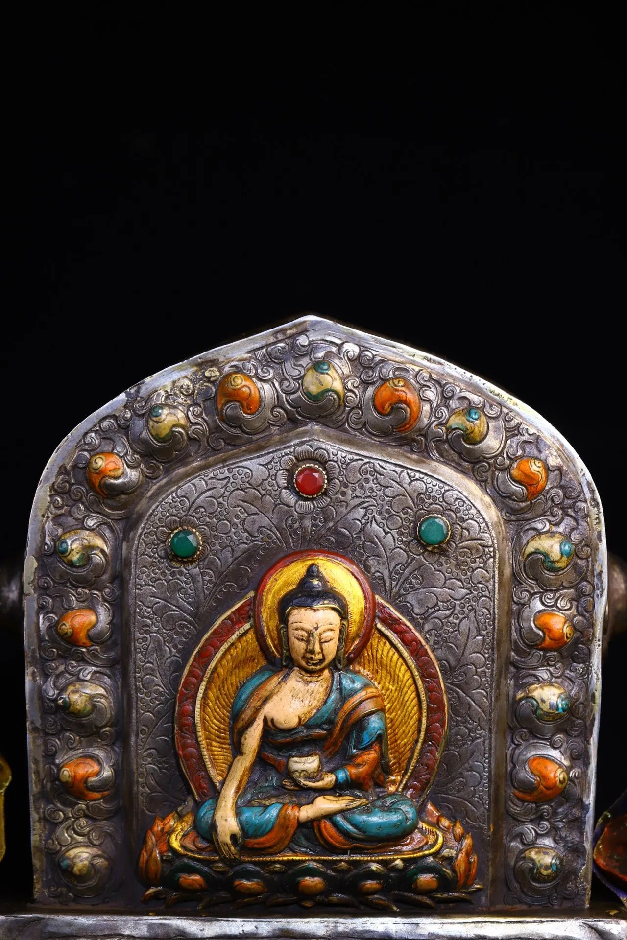 10"Tibet Temple Collection Old Tiantie Cinnabar Mosaic Gem Painted Sakyamuni Buddha Gawu Box Buddhist Niche Worship Hall