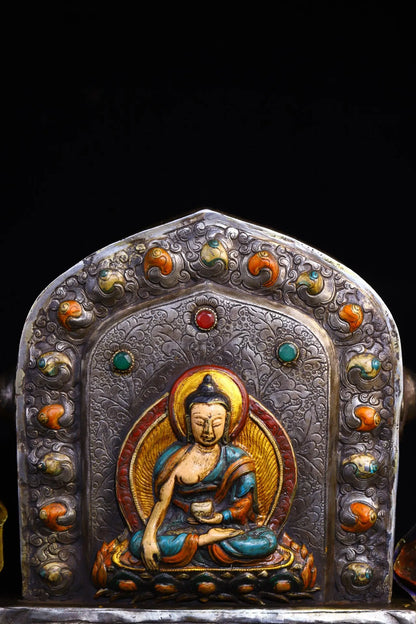 10"Tibet Temple Collection Old Tiantie Cinnabar Mosaic Gem Painted Sakyamuni Buddha Gawu Box Buddhist Niche Worship Hall