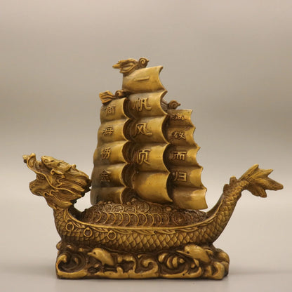 10"Tibetan Temple Collection Old Brass Dragon Boat dragon boat smooth sailing full load Gather fortune ornament