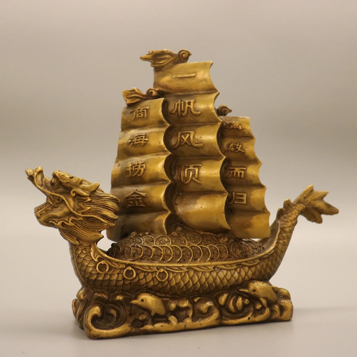 10"Tibetan Temple Collection Old Brass Dragon Boat dragon boat smooth sailing full load Gather fortune ornament