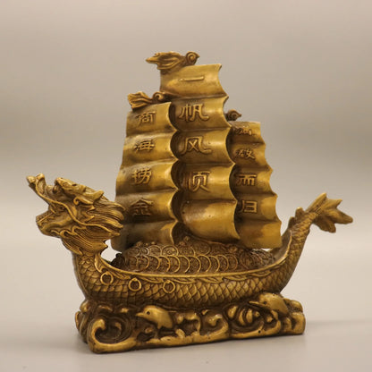 10"Tibetan Temple Collection Old Brass Dragon Boat dragon boat smooth sailing full load Gather fortune ornament