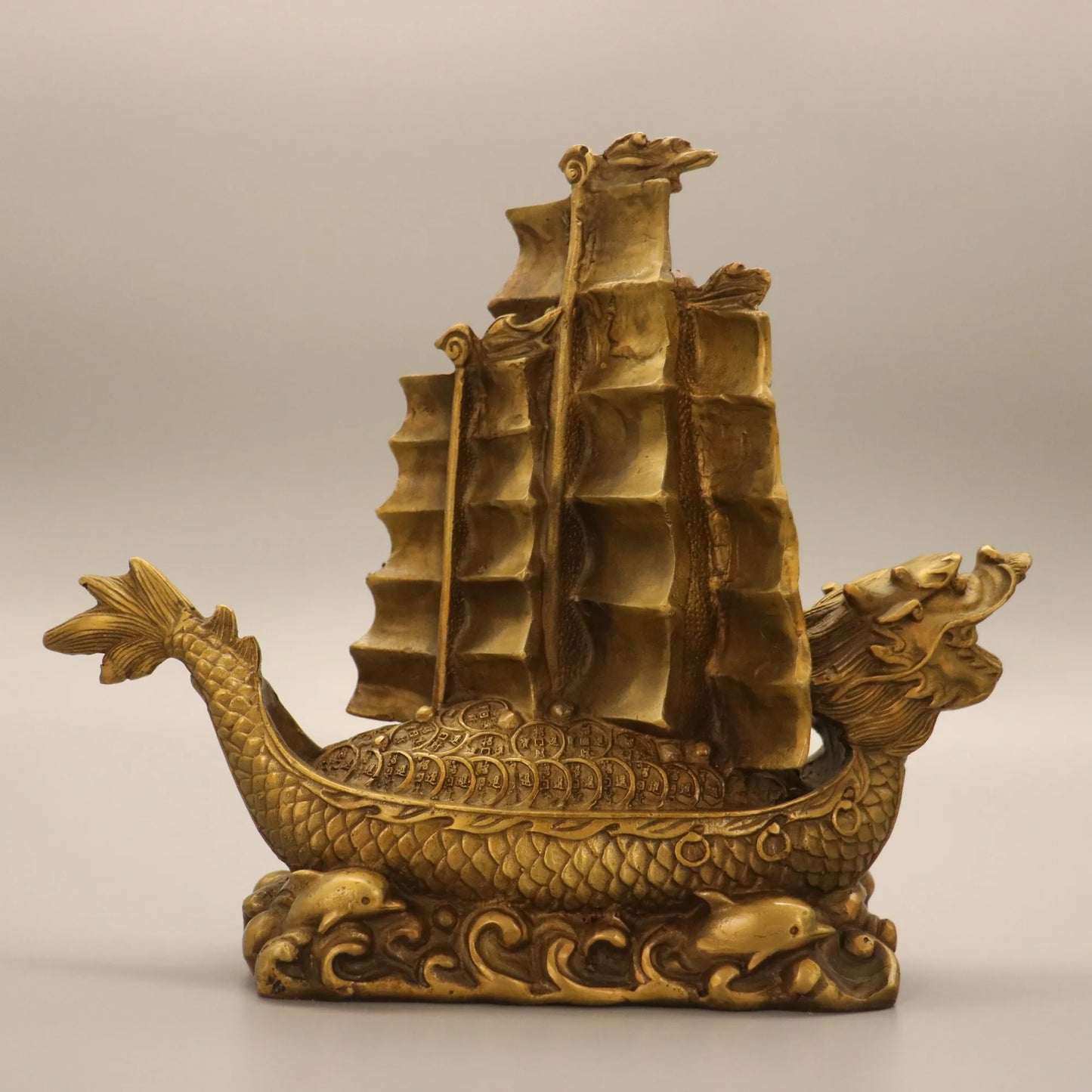 10"Tibetan Temple Collection Old Brass Dragon Boat dragon boat smooth sailing full load Gather fortune ornament
