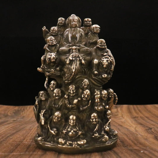 10"Tibetan Temple Collection Old Brass Shakyamuni Eighteen Arhat Buddha statue Worship Hall Town house Exorcism