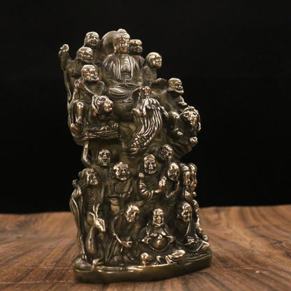 10"Tibetan Temple Collection Old Brass Shakyamuni Eighteen Arhat Buddha statue Worship Hall Town house Exorcism