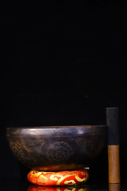 10"Tibetan Temple Collection Old Bronze Cinnabar Green Tara Sanskrit Buddhist scriptures Buddha Sound Bowl prayer Bowl