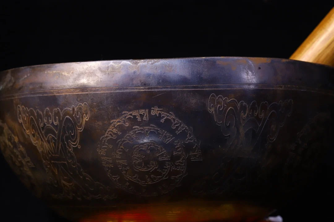 10"Tibetan Temple Collection Old Bronze Cinnabar Green Tara Sanskrit Buddhist scriptures Buddha Sound Bowl prayer Bowl