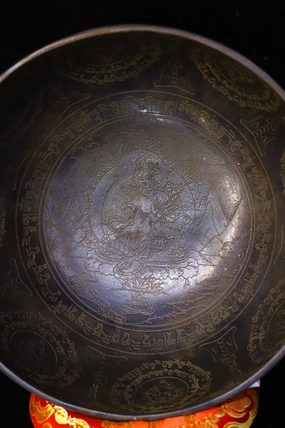 10"Tibetan Temple Collection Old Bronze Cinnabar Green Tara Sanskrit Buddhist scriptures Buddha Sound Bowl prayer Bowl