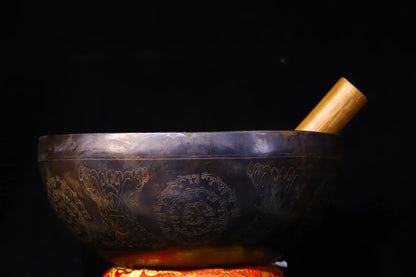 10"Tibetan Temple Collection Old Bronze Cinnabar Green Tara Sanskrit Buddhist scriptures Buddha Sound Bowl prayer Bowl