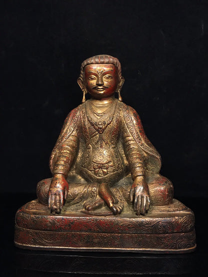 10"Tibetan Temple Collection Old Bronze Cinnabar Mud gold Guru Buddha Buddhist teacher Buddha Terrace worship hall Town house