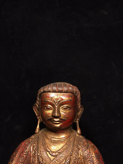 10"Tibetan Temple Collection Old Bronze Cinnabar Mud gold Guru Buddha Buddhist teacher Buddha Terrace worship hall Town house