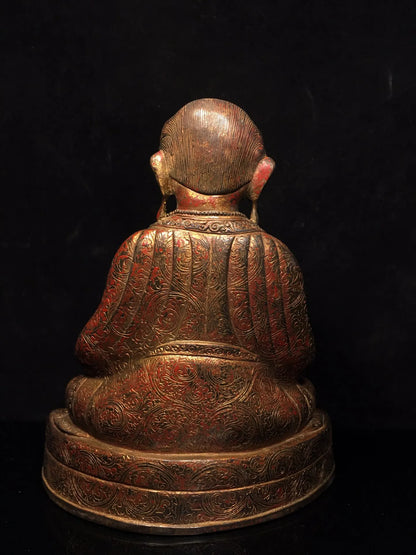 10"Tibetan Temple Collection Old Bronze Cinnabar Mud gold Guru Buddha Buddhist teacher Buddha Terrace worship hall Town house