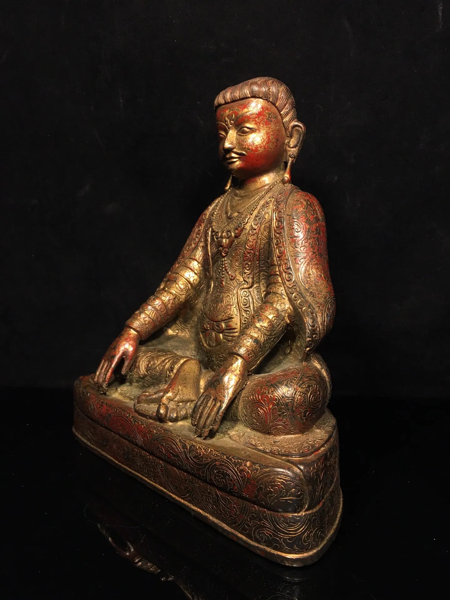 10"Tibetan Temple Collection Old Bronze Cinnabar Mud gold Guru Buddha Buddhist teacher Buddha Terrace worship hall Town house