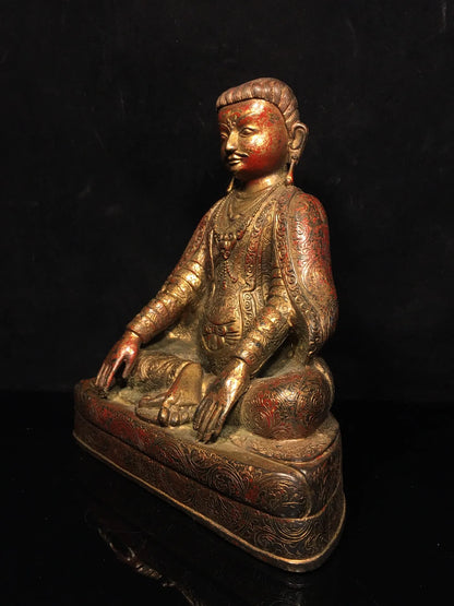 10"Tibetan Temple Collection Old Bronze Cinnabar Mud gold Guru Buddha Buddhist teacher Buddha Terrace worship hall Town house