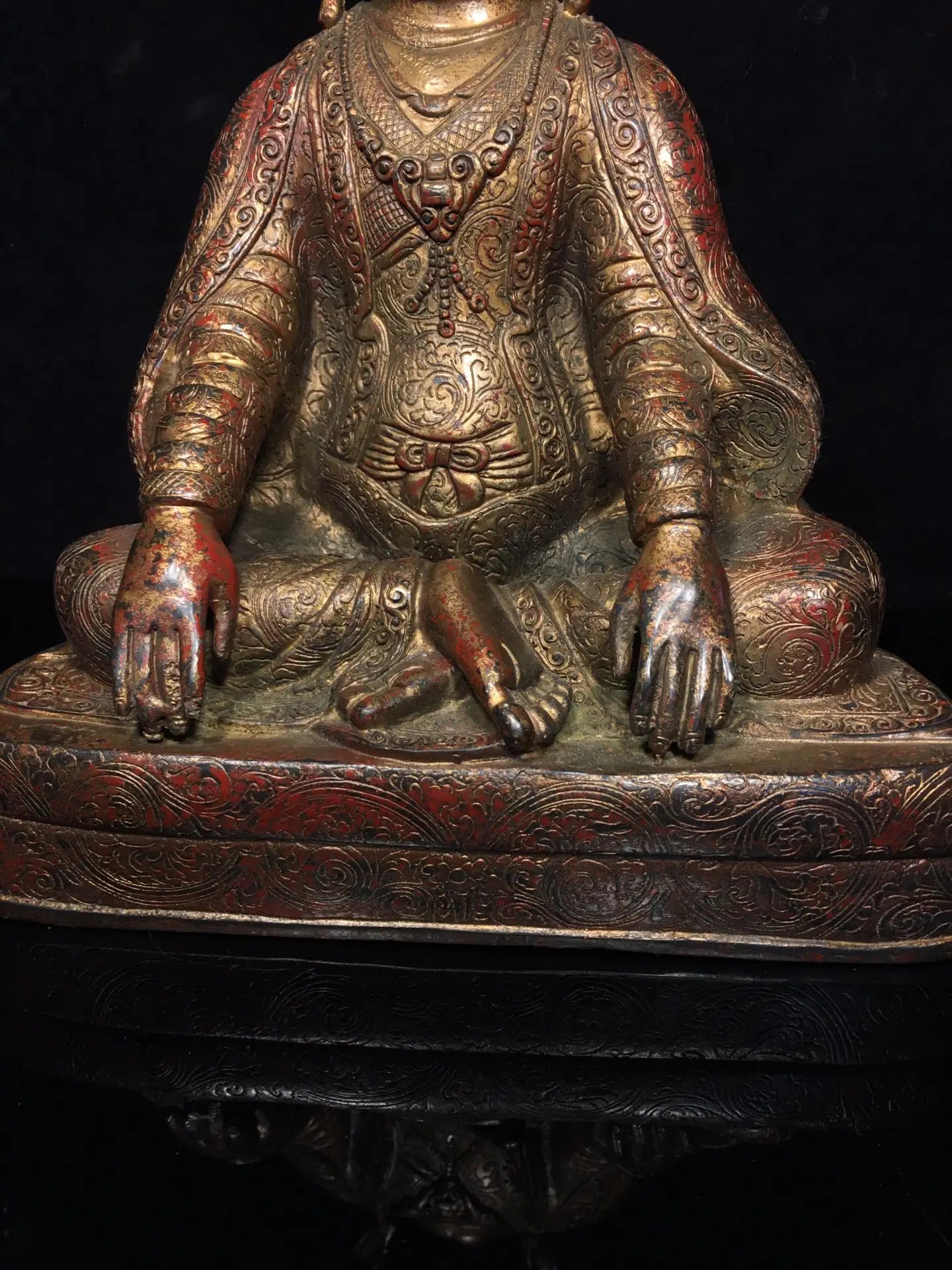 10"Tibetan Temple Collection Old Bronze Cinnabar Mud gold Guru Buddha Buddhist teacher Buddha Terrace worship hall Town house