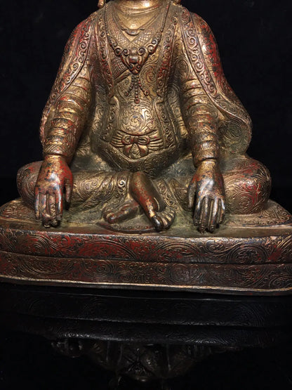 10"Tibetan Temple Collection Old Bronze Cinnabar Mud gold Guru Buddha Buddhist teacher Buddha Terrace worship hall Town house