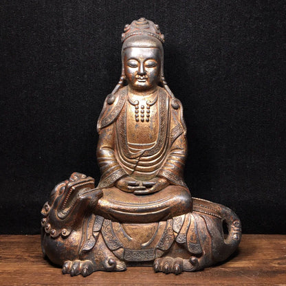 10"Tibetan Temple Collection Old Bronze Cinnabar mud gold Northern Wei Buddha Manjushri ride a beast Sitting Buddha worship