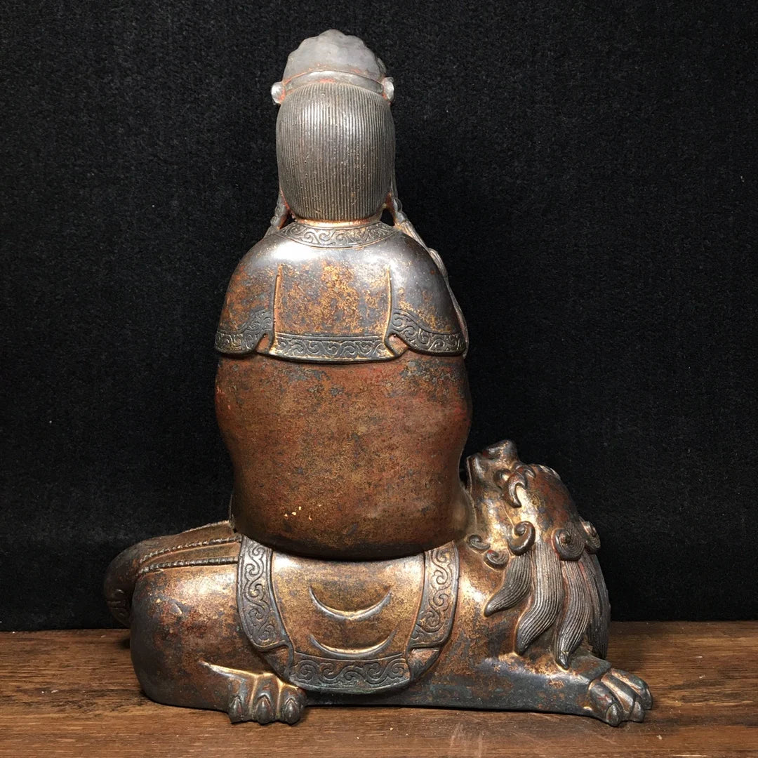 10"Tibetan Temple Collection Old Bronze Cinnabar mud gold Northern Wei Buddha Manjushri ride a beast Sitting Buddha worship