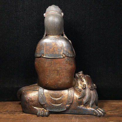 10"Tibetan Temple Collection Old Bronze Cinnabar mud gold Northern Wei Buddha Manjushri ride a beast Sitting Buddha worship