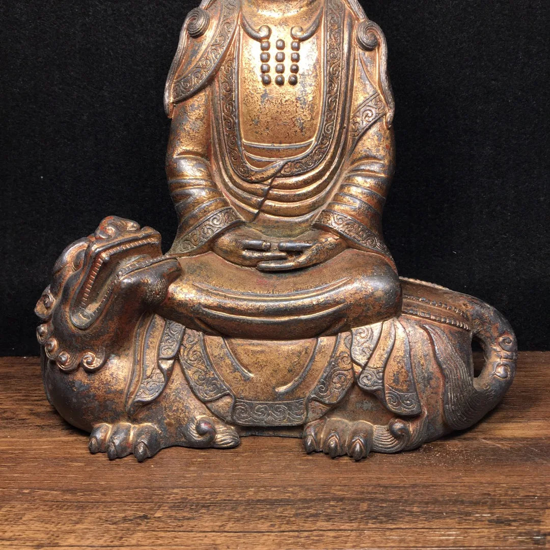 10"Tibetan Temple Collection Old Bronze Cinnabar mud gold Northern Wei Buddha Manjushri ride a beast Sitting Buddha worship