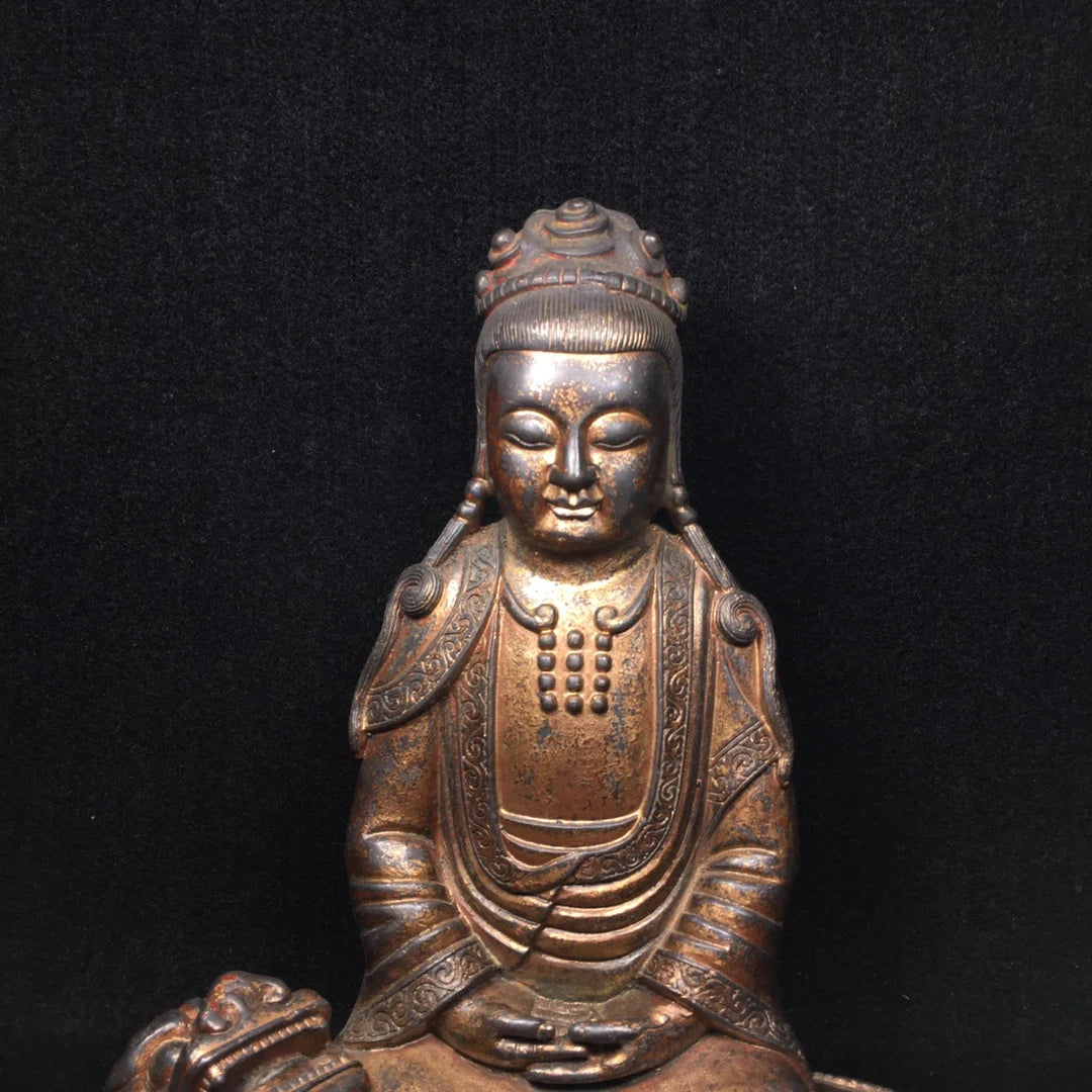 10"Tibetan Temple Collection Old Bronze Cinnabar mud gold Northern Wei Buddha Manjushri ride a beast Sitting Buddha worship