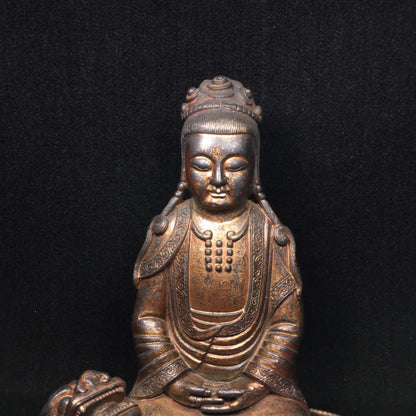 10"Tibetan Temple Collection Old Bronze Cinnabar mud gold Northern Wei Buddha Manjushri ride a beast Sitting Buddha worship