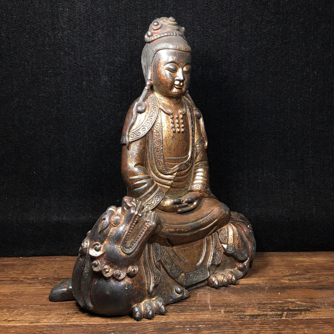 10"Tibetan Temple Collection Old Bronze Cinnabar mud gold Northern Wei Buddha Manjushri ride a beast Sitting Buddha worship