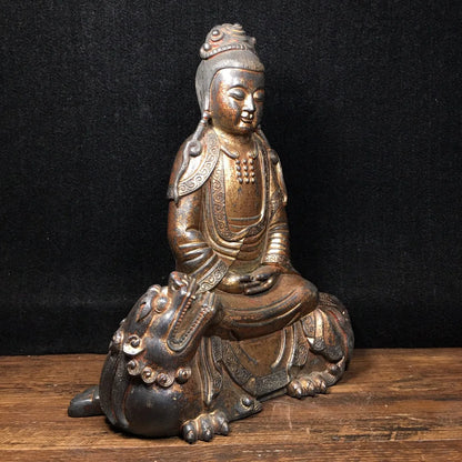 10"Tibetan Temple Collection Old Bronze Cinnabar mud gold Northern Wei Buddha Manjushri ride a beast Sitting Buddha worship