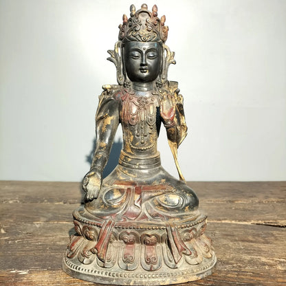 10"Tibetan Temple Collection Old Bronze Cinnabar mud gold Tara Bodhisattva Tibetan Buddha lotus platform ornament Town house