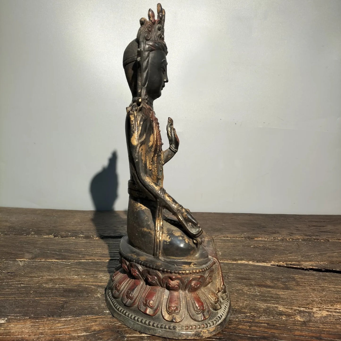 10"Tibetan Temple Collection Old Bronze Cinnabar mud gold Tara Bodhisattva Tibetan Buddha lotus platform ornament Town house